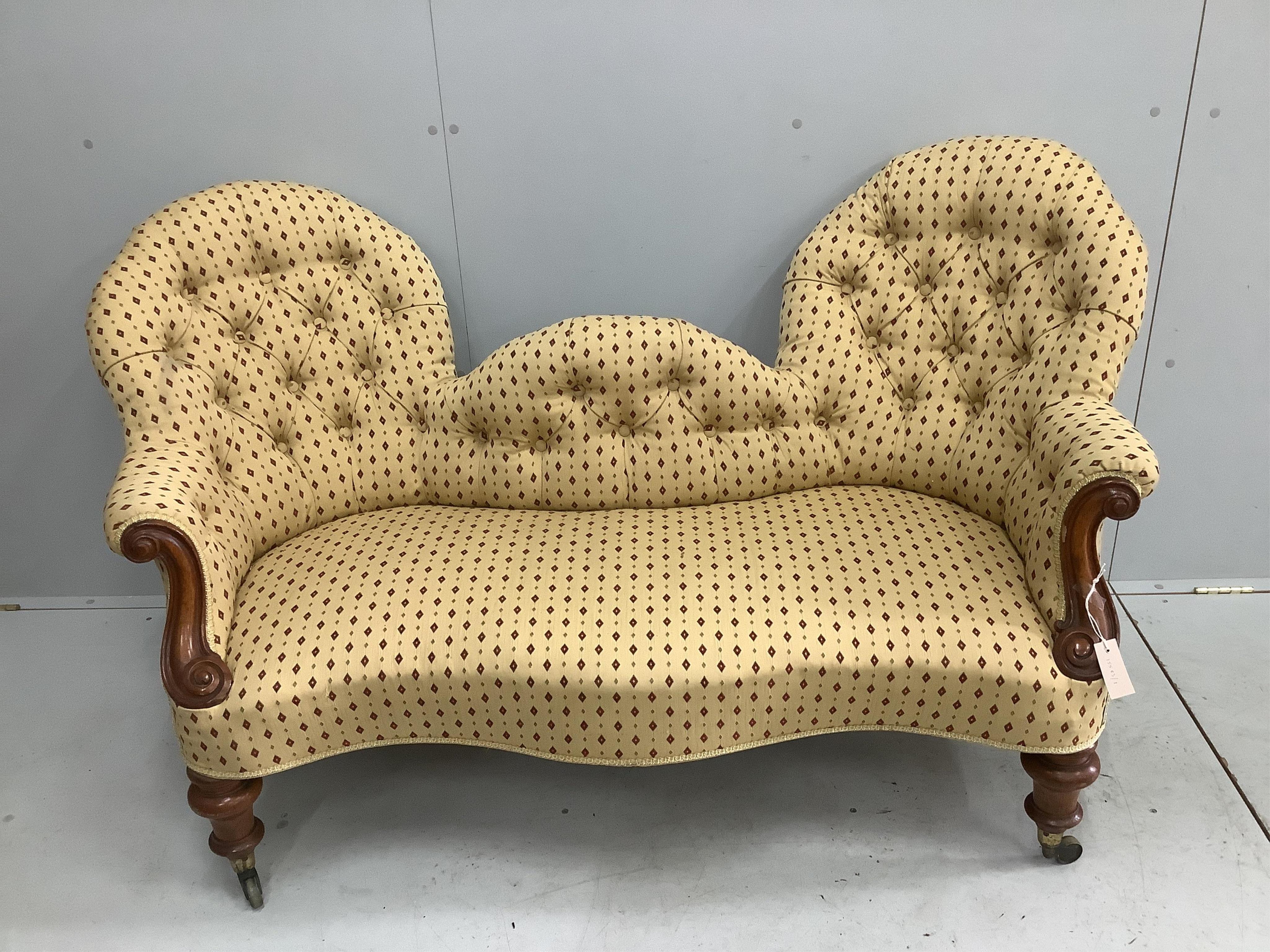 A Victorian upholstered double spoon back settee, width 154cm, depth 64cm, height 88cm. Condition - good